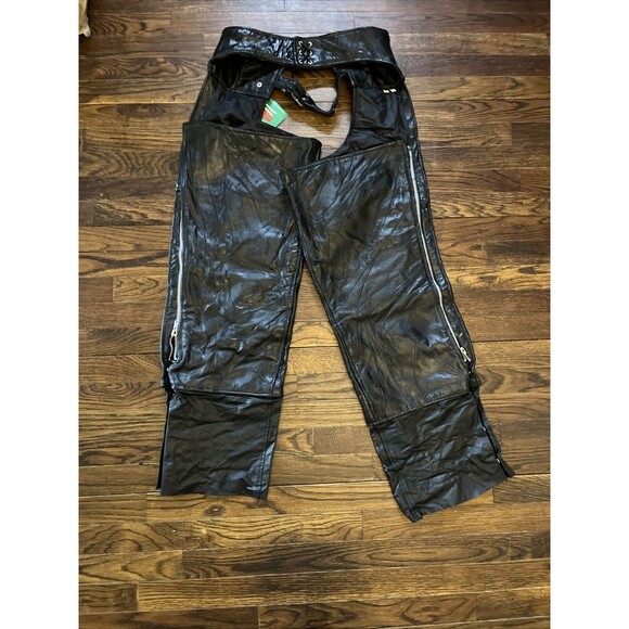 Black Leather Riding Chaps Men's Size M Giovanni Navarre Italian Stone Biker - Picture 9 of 10